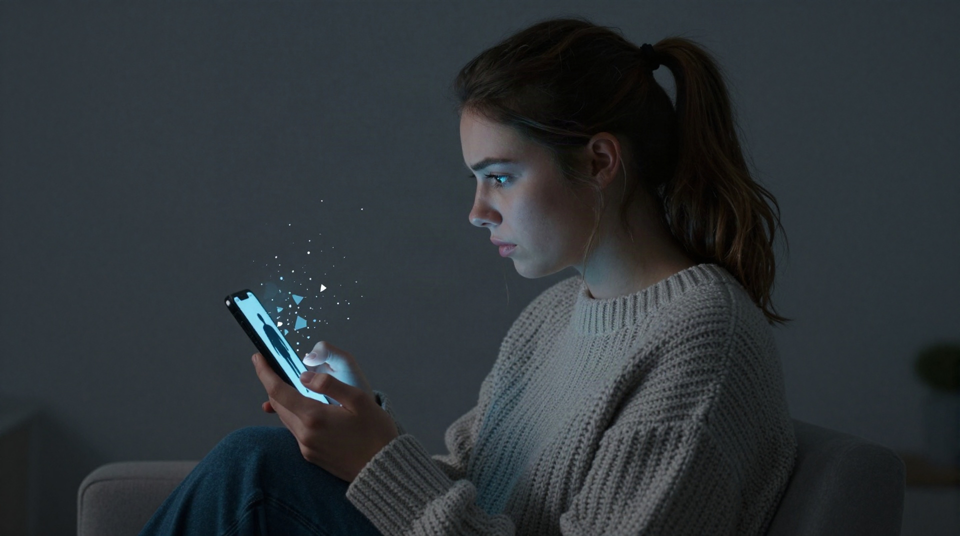 Женщина смотрит на смартфон с любопытством и легким сомнением, на экране изображение фрагментируется в пиксели.