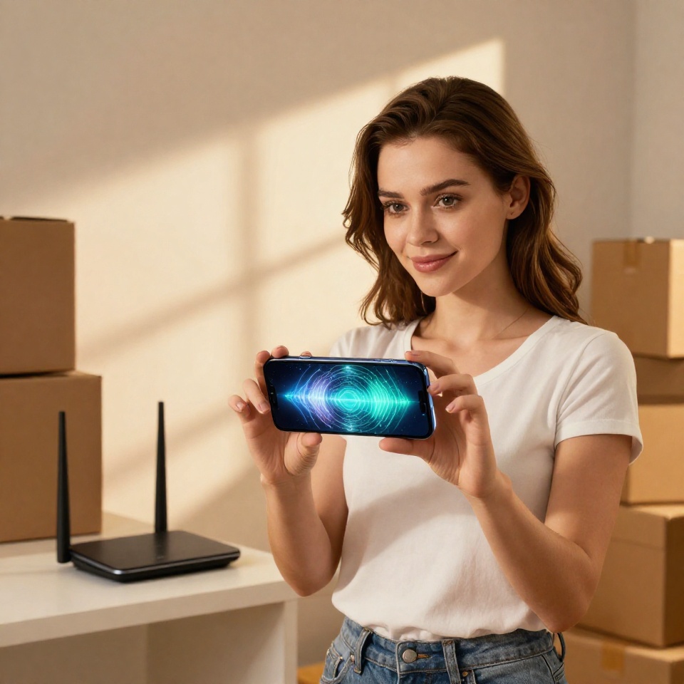 Молодая красивая женщина настраивает WiFi в арендованной квартире с выражением удовлетворения на лице, современный роутер на полке рядом